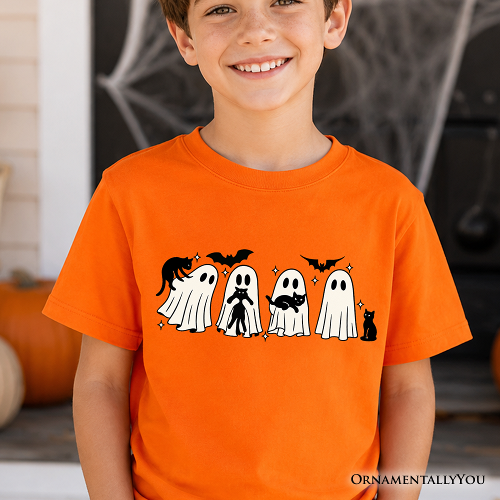 Kids' Halloween Ghosts & Cats T-Shirt – Spooky Whimsical Tee for Boys & Girls | Camiseta Halloween Niño Fantasmas y Gatos