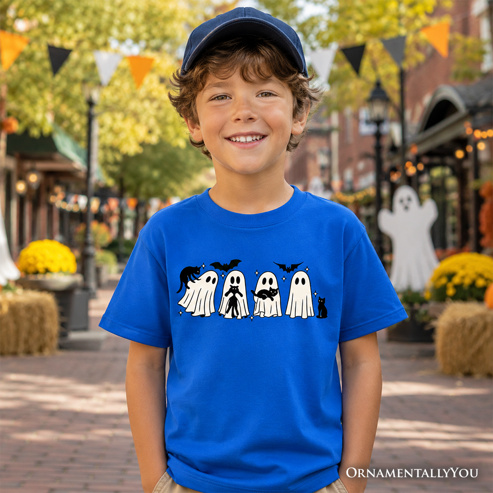 Kids' Halloween Ghosts & Cats T-Shirt – Spooky Whimsical Tee for Boys & Girls | Camiseta Halloween Niño Fantasmas y Gatos