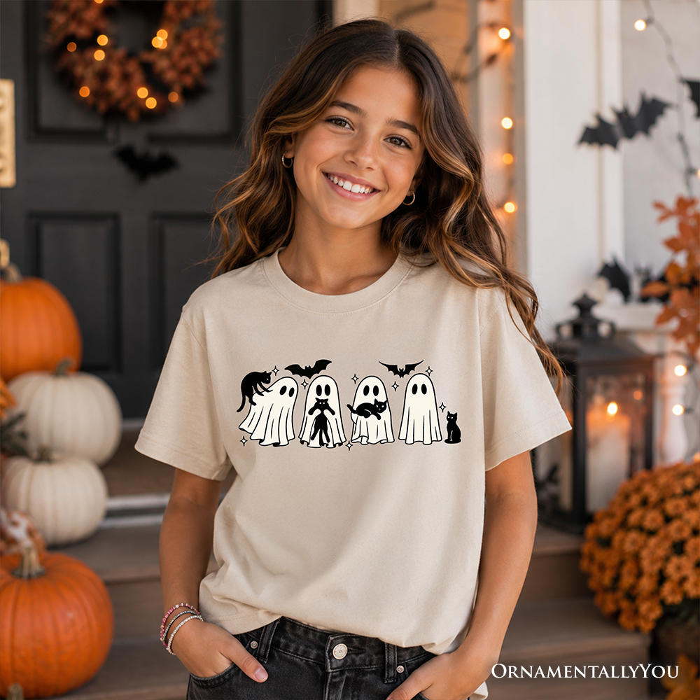 Kids' Halloween Ghosts & Cats T-Shirt – Spooky Whimsical Tee for Boys & Girls | Camiseta Halloween Niño Fantasmas y Gatos