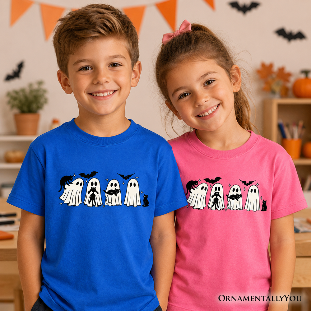 Kids' Halloween Ghosts & Cats T-Shirt – Spooky Whimsical Tee for Boys & Girls | Camiseta Halloween Niño Fantasmas y Gatos
